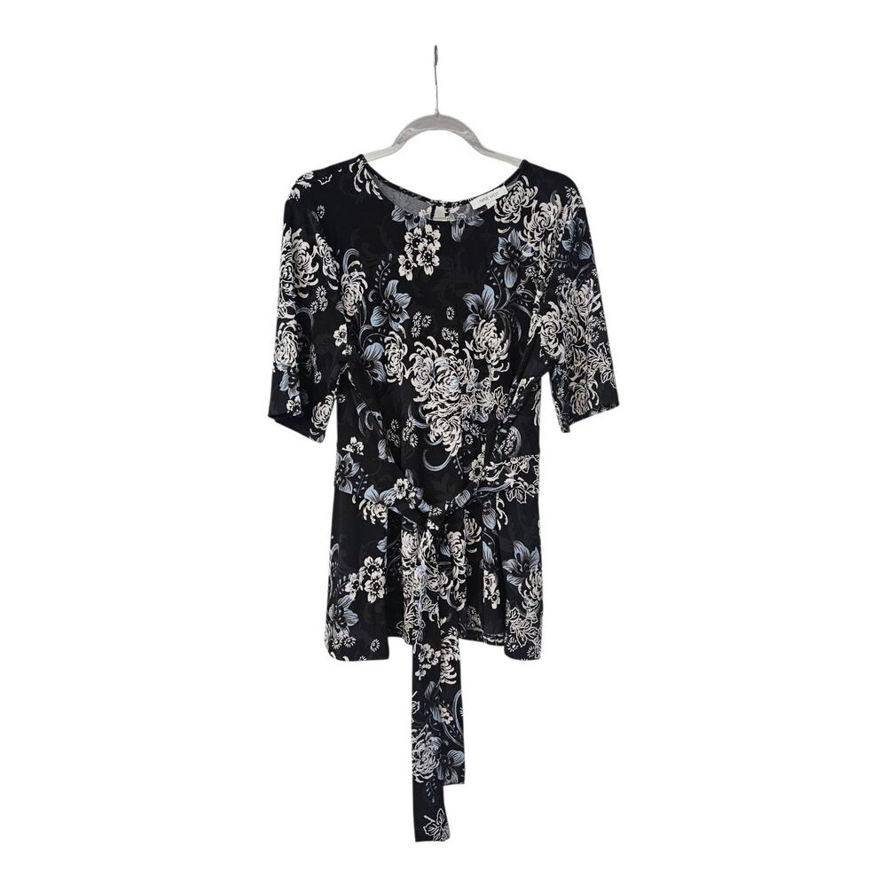 Nine West Womens Size XL Blouse Stretch Floral Self-Tie Waist S/S Black White